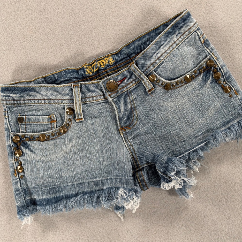 Zana-Di Y2K Denim Shorts Studded Embroidered Cross Frayed Size 3 Blue